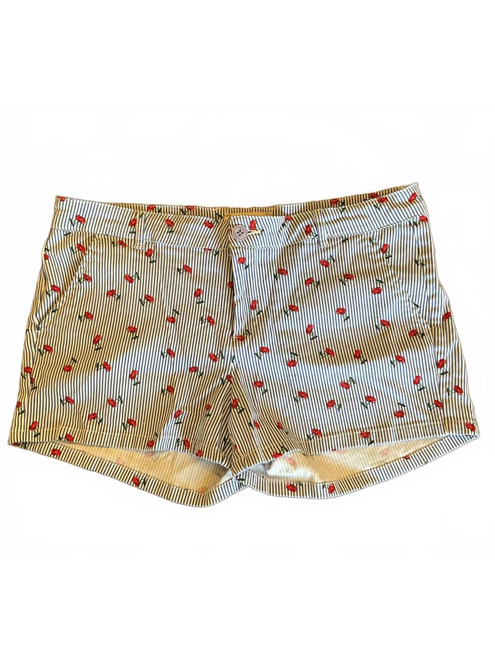 BeBop Cherry Print Blue Stripe White Denim Shorts  11